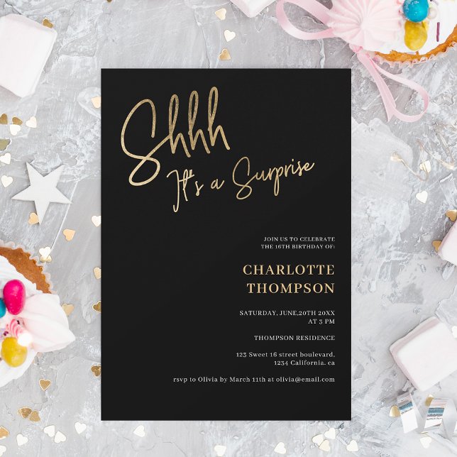 simple modern gold black photo surprise Sweet 16 Invitation (Creator Uploaded)