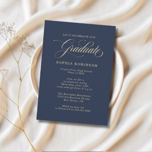 Simple Modern Gold Blue Graduation Party Invitation