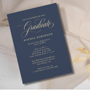 Simple Modern Gold Blue Graduation Party Invitation