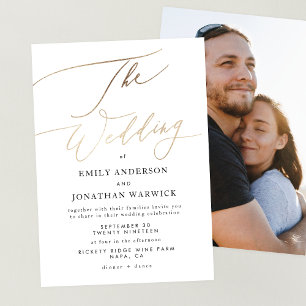 Simple Modern Gold Calligraphy Photo Wedding Invitation