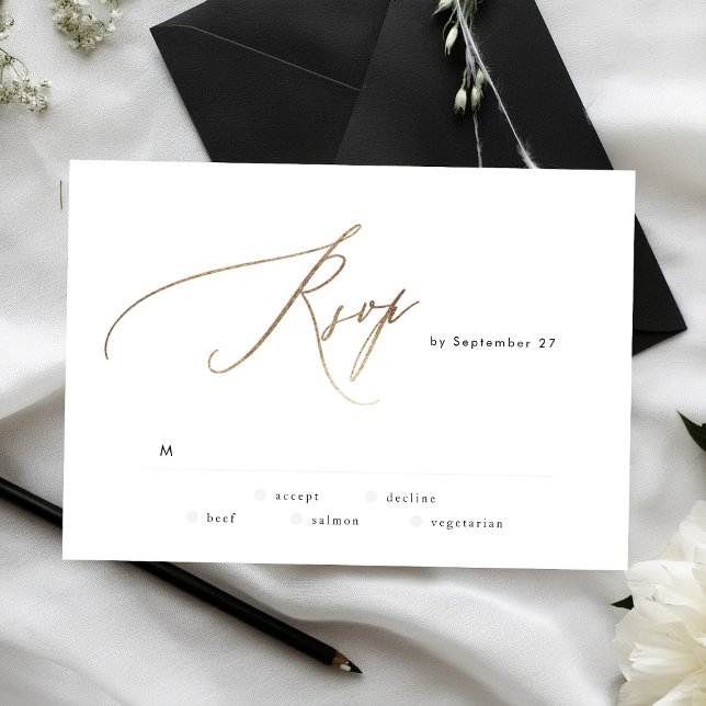 Simple Modern Gold Calligraphy Wedding RSVP Card (Creator Uploaded)