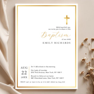 Simple Modern Gold Cross Baptism  Invitation