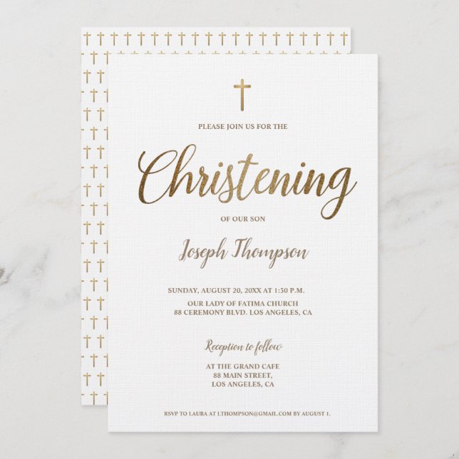 Simple Modern Gold Cross boy Christening Invitation (Front/Back)