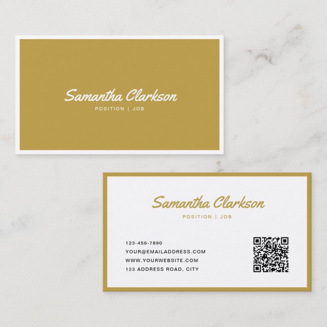 Simple Modern Gold Cursive Script Border QR Code Business Card (Front/Back)