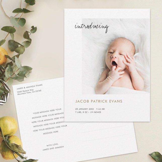 Simple Modern Gold Custom Photo New Baby Birth Announcement Postcard (Creator Uploaded)