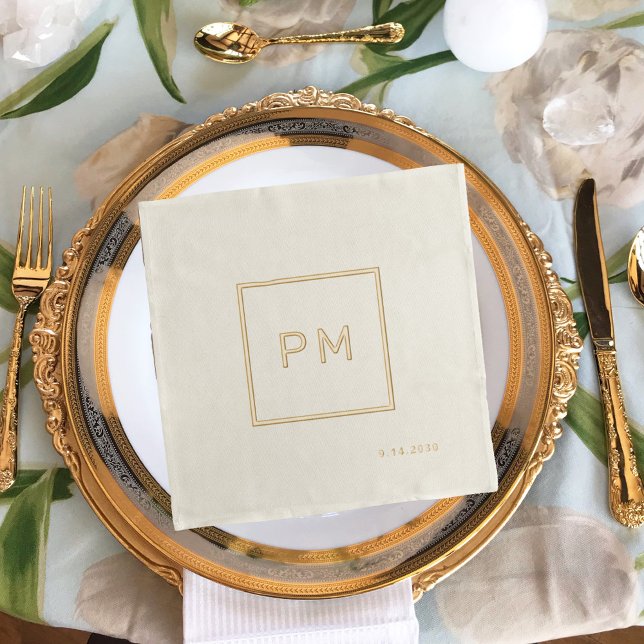 Simple modern gold foil framed wedding monogram  foil napkins (Creator Uploaded)