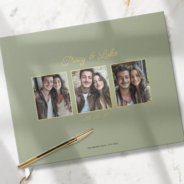 Simple Modern Gold Frame with Three Couple Photos  Guest Book (Simple Modern Gold Frame with Three Couple Photos Wedding Guest book. Elegant guestbook for wedding.)