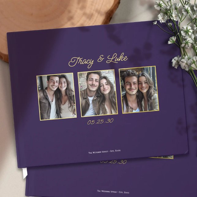 Simple Modern Gold Frame with Three Couple Photos  Guest Book (Simple Modern Gold Frame with Three Couple Photos Wedding Guest book. Elegant guestbook for wedding.)