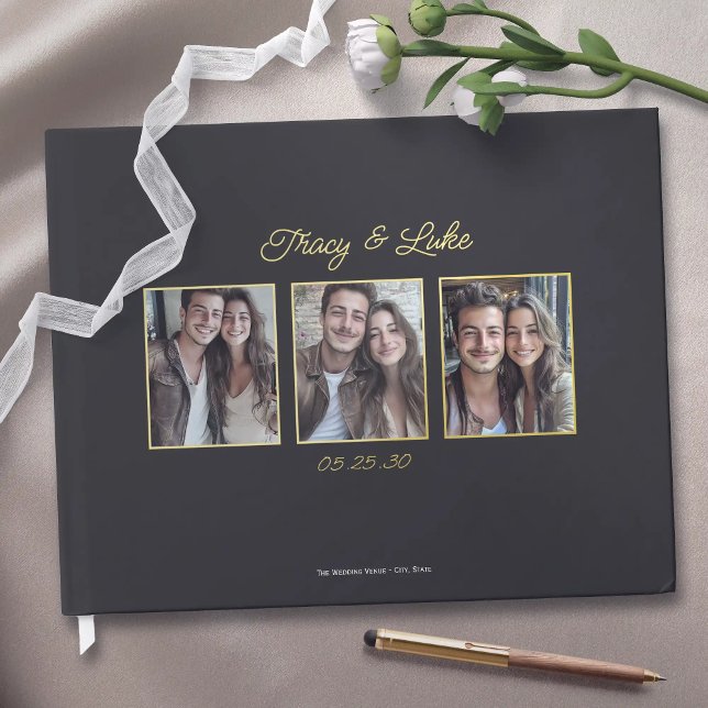 Simple Modern Gold Frame with Three Couple Photos  Guest Book (Simple Modern Gold Frame with Three Couple Photos Wedding Guest book. Elegant guestbook for wedding.)