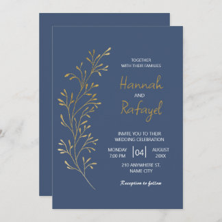 Simple Modern Gold Leaf Blue Wedding Invitation