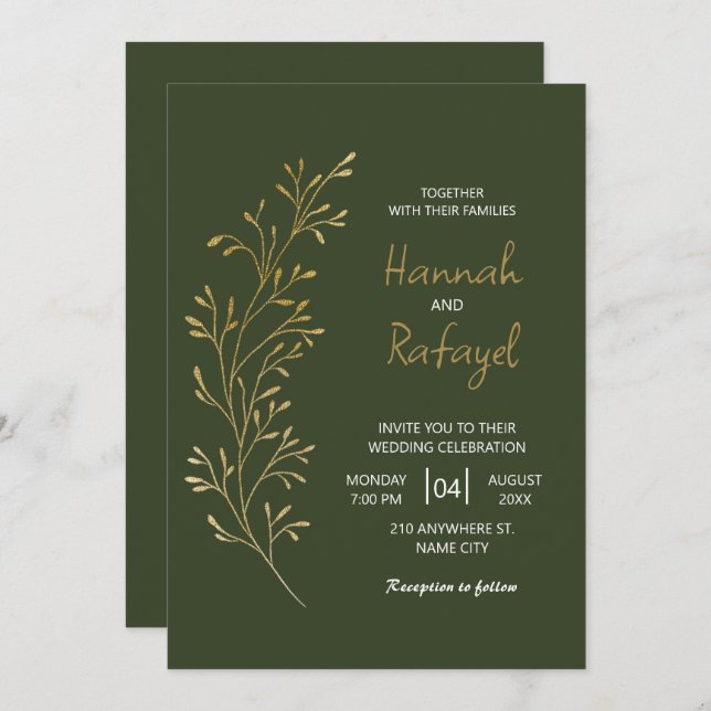 Simple Modern Gold Leaf Green Wedding Invitation (Front/Back)