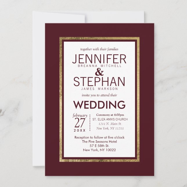 Simple Modern Gold Lined Burgundy Red Wedding Invitation (Front)