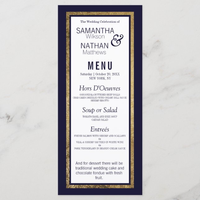 Simple Modern Gold Lined Navy Blue Wedding Menu (Front)