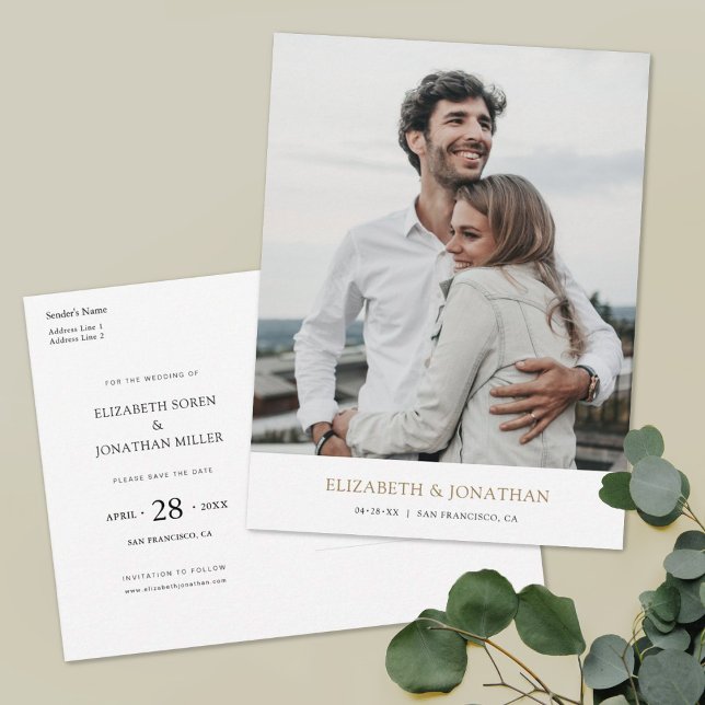 Simple Modern Gold Photo Wedding Save the Date Invitation Postcard (Creator Uploaded)