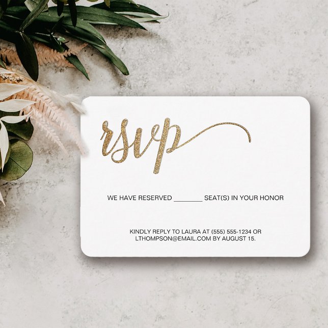 Simple Modern Gold RSVP no mailing Reserved Seat Card (Modern elegant gold RSVP email phone Response)