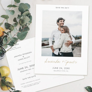 Simple Modern Gold Script Photo Save the Date Announcement Postcard