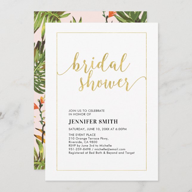 Simple Modern Gold Tropical Wedding Bridal Shower Invitation (Front/Back)