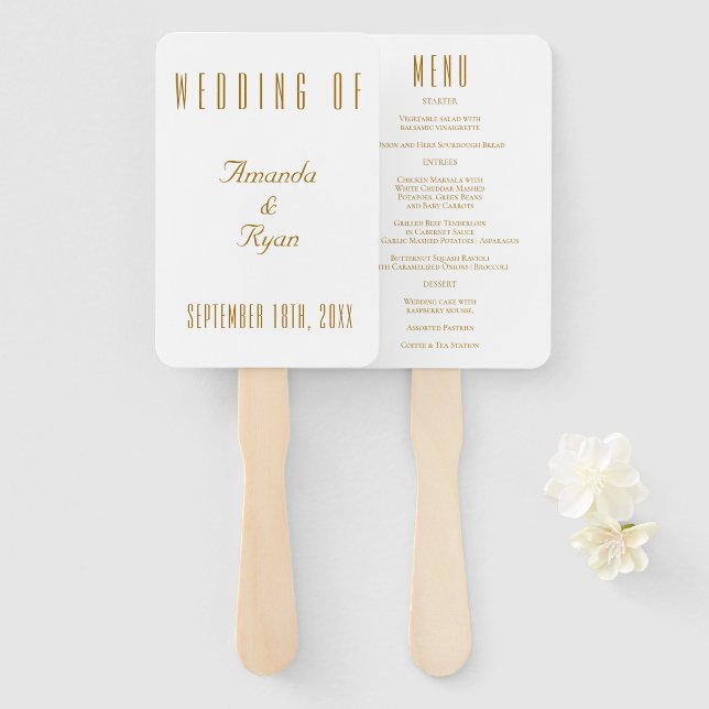 Simple Modern Golden Script Wedding Menu Hand Fan (Front and Back)