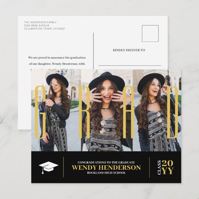 Simple Modern Graduate Black 3 Photo Announcement Postcard (Front/Back)