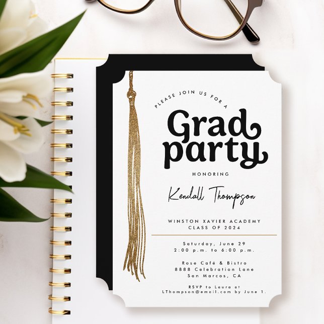 Simple modern Graduation Party Invitation (Grad party gold, black and white simple and elegant invite)