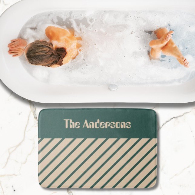 Simple Modern Green Beige Cross Stripes Bath Mat (Creator Uploaded)