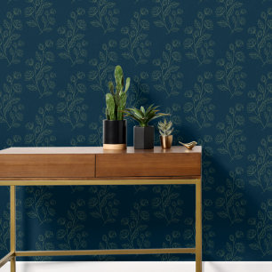 Simple Modern Green Floral Pattern On Dark Blue Wallpaper