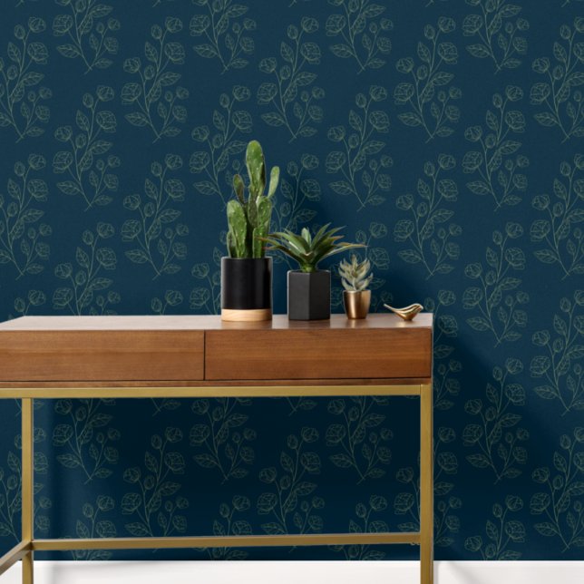 Simple Modern Green Floral Pattern On Dark Blue Wallpaper (Creator Uploaded)