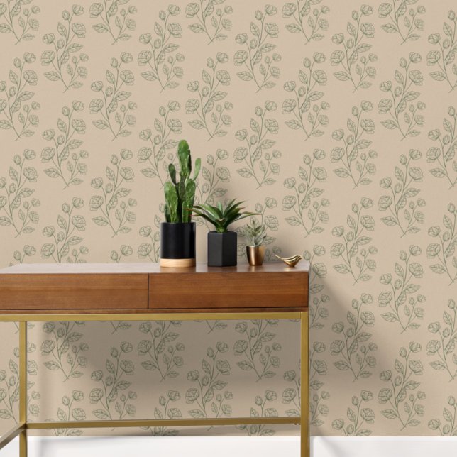 Simple Modern Green Floral Pattern on Taupe Wallpaper (Creator Uploaded)