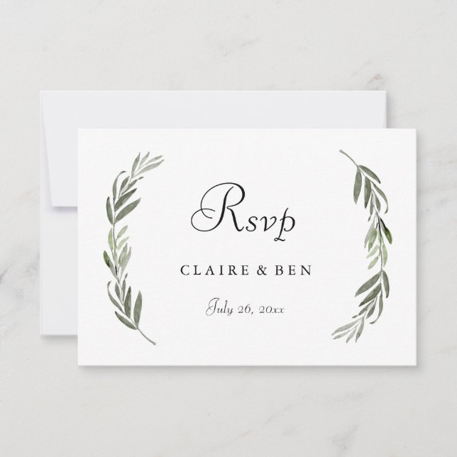 Simple Modern Green Gold Leaf Wedding RSVP Card (Front)