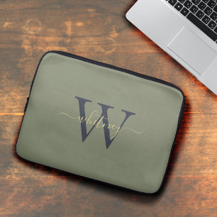 Simple Modern Green Monogram Name & Initial Laptop Sleeve