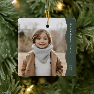 Simple modern green one photo trendy holiday ceramic ornament
