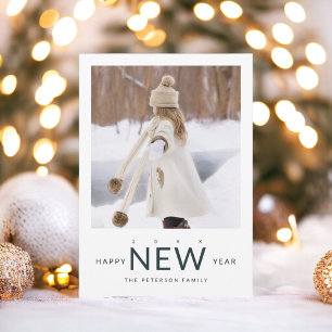 Simple modern green pine New Year typography photo Holiday Card