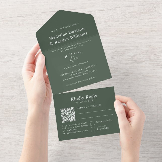 Simple Modern Green QR Code Wedding All In One Invitation (Tearaway)