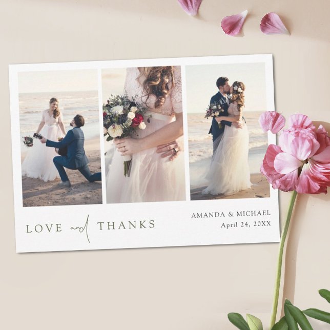 Simple Modern Green Script Photo Collage Wedding Thank You Card (Creator Uploaded)