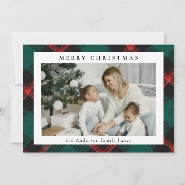 Simple Modern Green Tartan Plaid | Photo Christmas Holiday Card (Front)