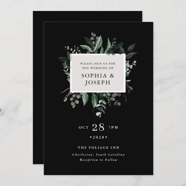 Simple Modern Greenery Black | Wedding Invitation (Front/Back)