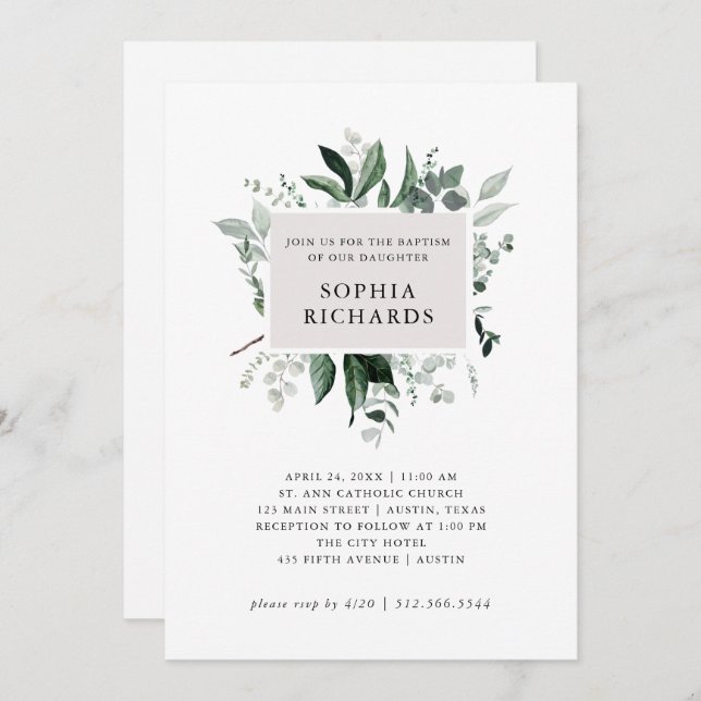 Simple Modern Greenery | Gender Neutral Baptism Invitation (Front/Back)