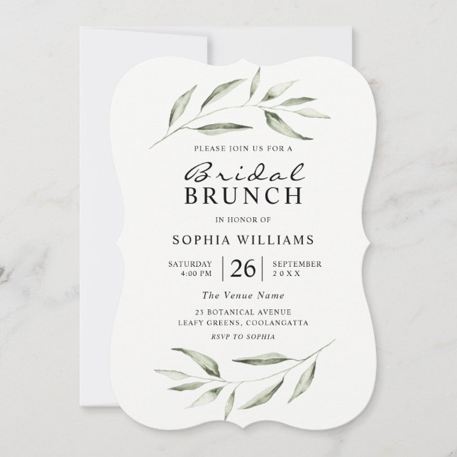 Simple Modern Greenery Leaf Bridal Shower Brunch Invitation (Front)