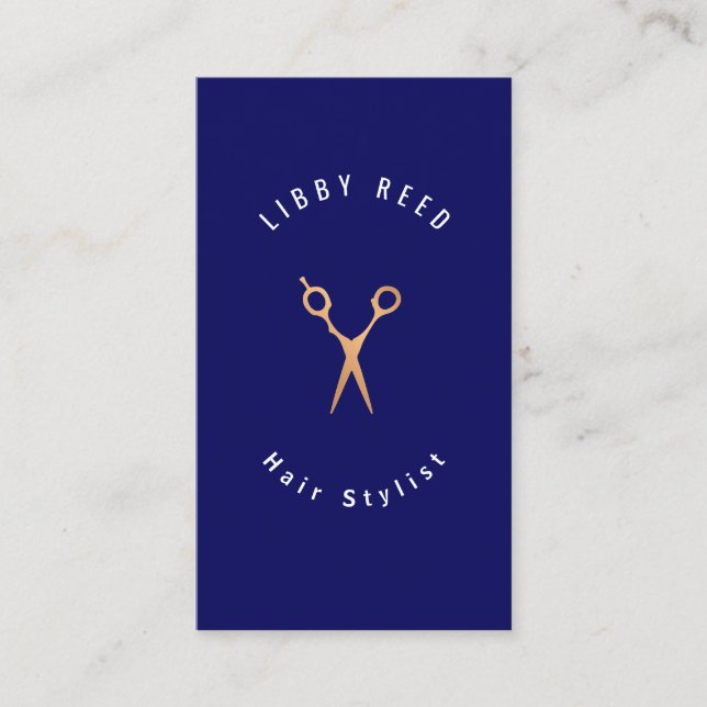 Simple Modern Hair Stylist Gold Scissors Navy Blue Business Card (Front)