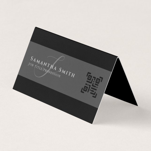 Simple Modern Half Grey Half Black QR Monogrammed Business Card (Front)