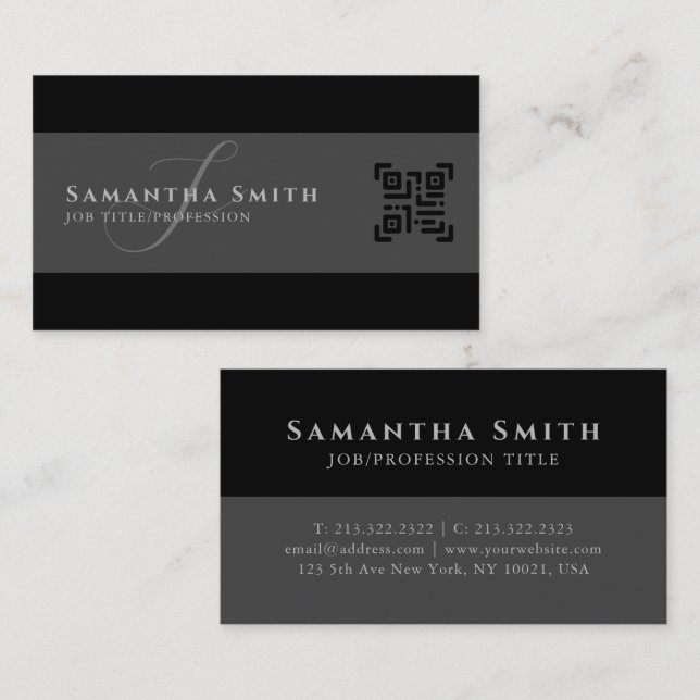 Simple Modern Half Grey Half Black QR Monogrammed Business Card (Front/Back)