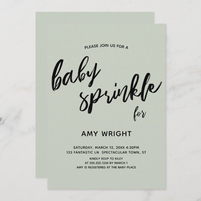 Simple Modern Handwriting Baby Sprinkle Sage Green Invitation (Front/Back)