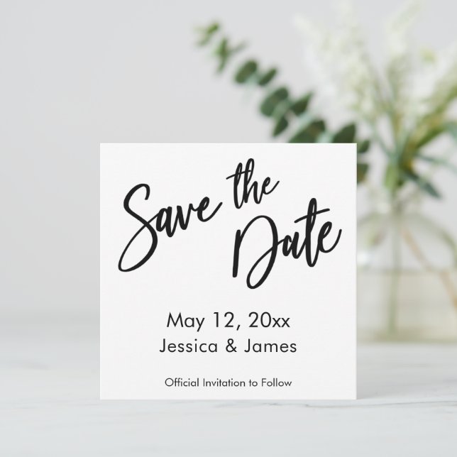 Simple Modern Handwriting Typography Black & White Save The Date (Standing Front)