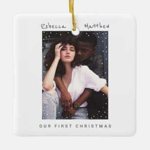 Simple Modern Handwritten Cute Couple Photo Ceramic Ornament