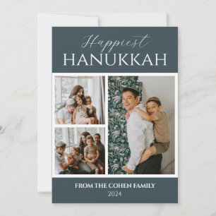 Simple Modern Happiest Hanukkah Elegant 3 Photo Holiday Card