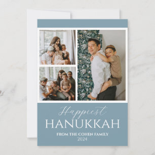 Simple Modern Happiest Hanukkah Elegant 3 Photo Holiday Card