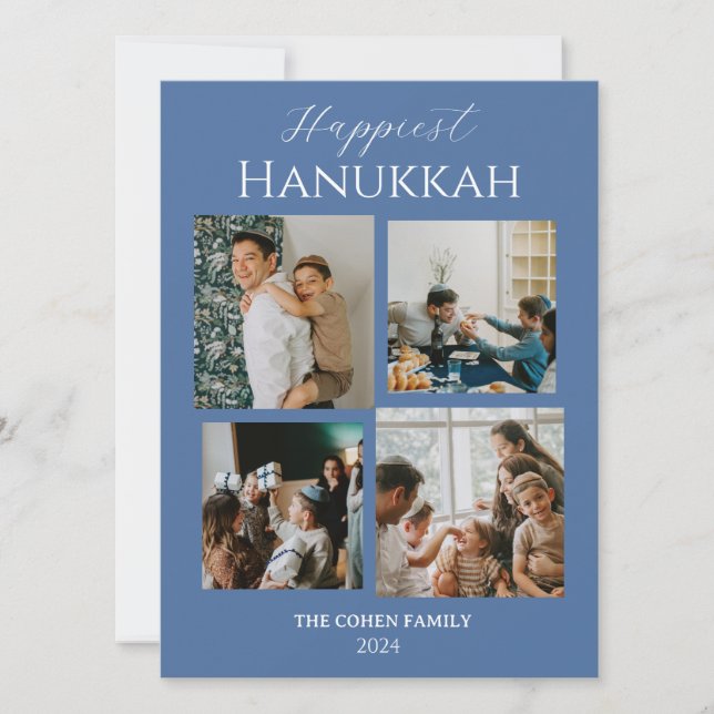 Simple Modern Happiest Hanukkah Elegant 4 Photo Holiday Card (Front)