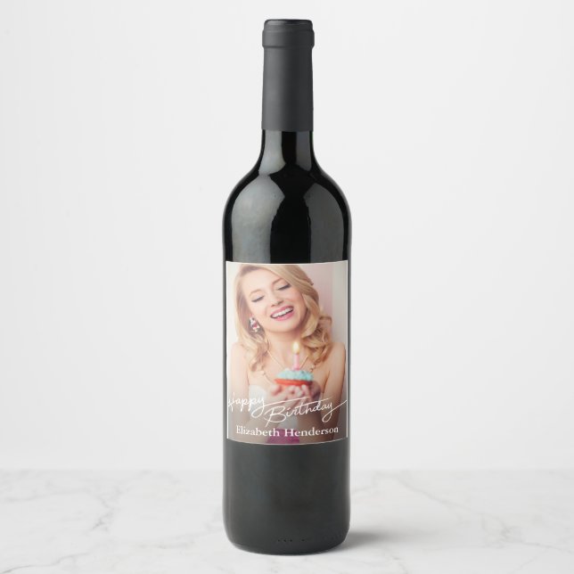 Simple Modern Happy Birthday Photo Wine Label (Front)