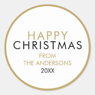 Simple Modern Happy Christmas Family Name Classic Round Sticker
