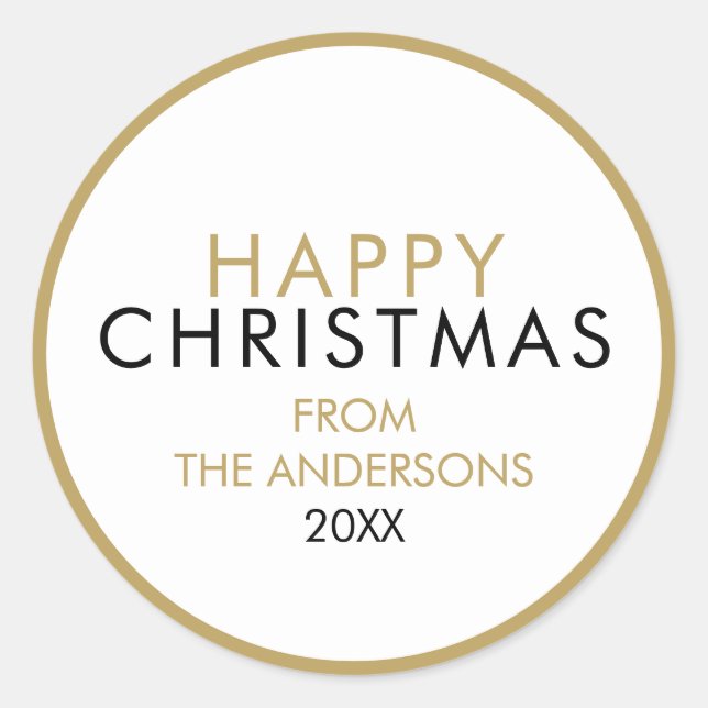 Simple Modern Happy Christmas Family Name Classic Round Sticker (Front)